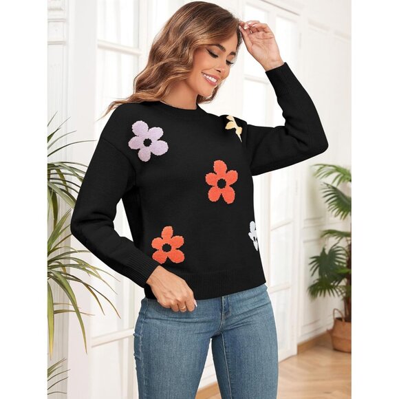 Women's Pullover Sweater Floral Print Color Block Long Sleeve Knit Sweater - Picture 3 of 6